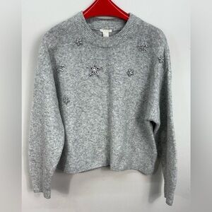 H&M Wool blend Light gray Star Flower Embellished Sweater Oversized fit S